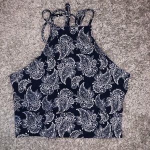 Navy blue/white paisley cropped tank w/ tied back